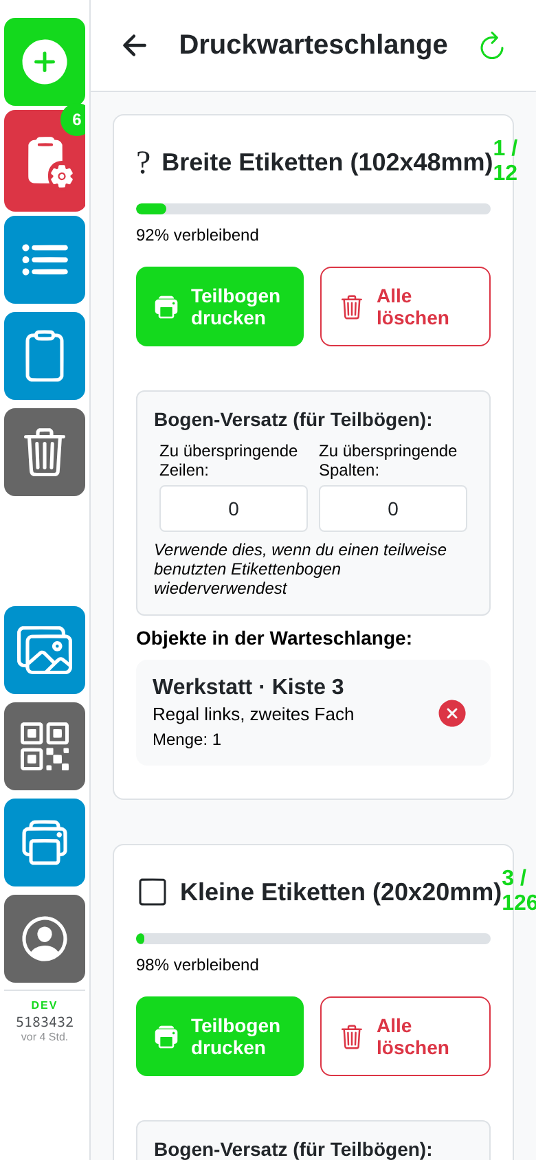 Druckwarteschlange mit Etikettenbogen-Vorschau