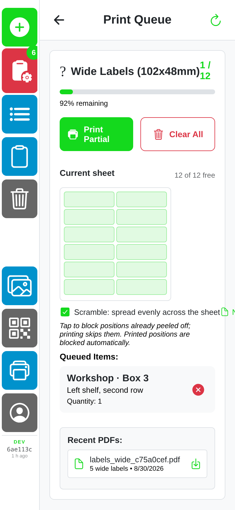 Print queue with label sheet preview