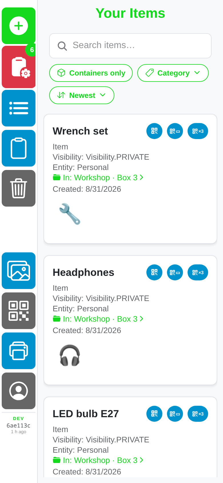 Item list with search and filter chips