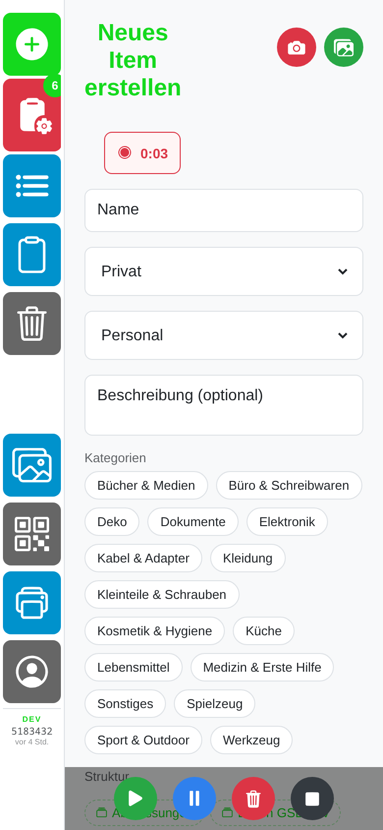 Power-Modus in der ElefantApp: Aufnahme läuft, Foto und Barcode nebenbei